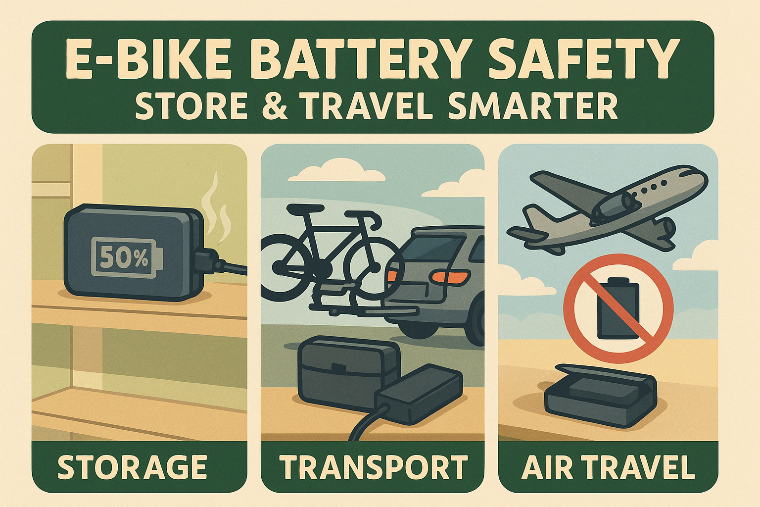 E-Bike Battery Storage & Transport: 40–60% Rule, Fire Safety & Travel Tips