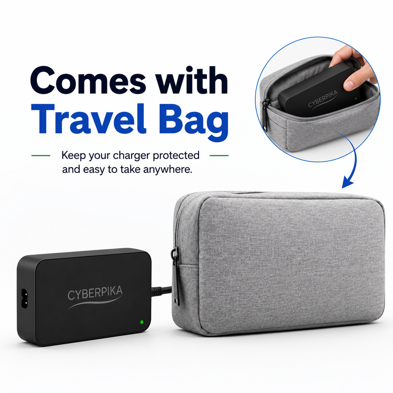 CyberPika smart charger with included travel bag for easy storage and transport