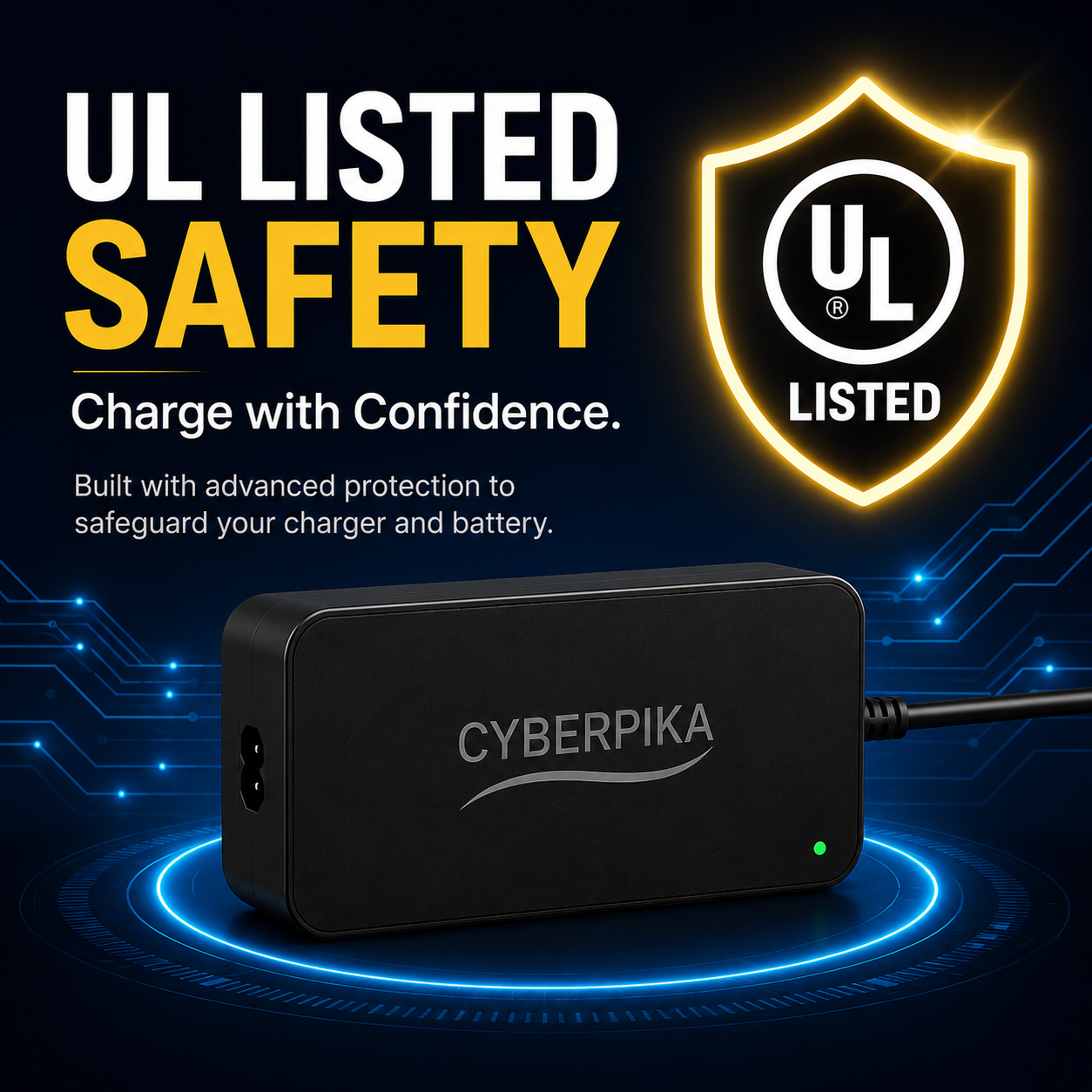 UL listed CyberPika smart charger with intelligent battery protection